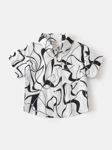 Chemise en Coton à Manches Courtes pour Garçons Imprimé Abstrait Col à Revers Mode Décontractée d'Été Haut à Boutons Enfants