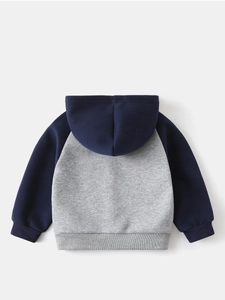 Kids colorblock hoodie in navy and grey with ribbed cuffs and raglan sleeves
