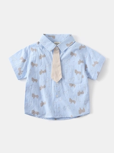 Light blue short-sleeved baby boy shirt with horse print and decorative tie