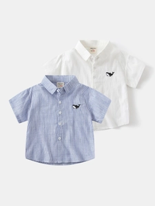 Kleinkinder Jungen Kurzarm Baumwollhemd Wal Stickerei Gestreiftes Einfarbiges Oberteil Sommer Casual Mode Kleidung