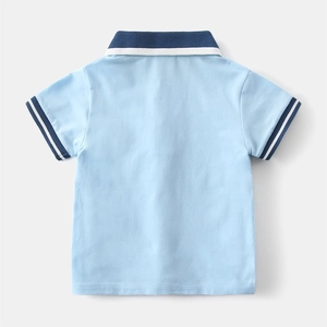 Detail of light blue polo shirt back with striped ribbed collar and sleeve cuffs
