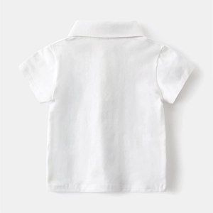 Rear view of white short-sleeved cotton polo shirt for boys with premium stitching detail