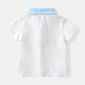 Detail of white cotton polo shirt showing blue ribbed collar with white stripes