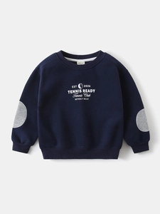 Dark blue boys' sweatshirt with tennis theme print and grey elbow patches for kids