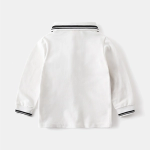 Rear view of white long-sleeve polo shirt with black and white striped collar and cuffs