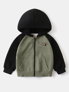 Kids colorblock hooded zip jacket with cartoon dog embroidery in olive green and black