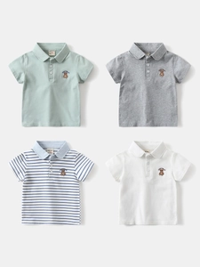 Boys Cotton Blend Short Sleeve Polo Shirt With Bear Embroidery Striped Casual Lapel Top For Kids Summer Wear