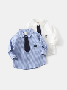 Set camicie a maniche lunghe per bambini a righe blu e cotone bianco con cravatte
