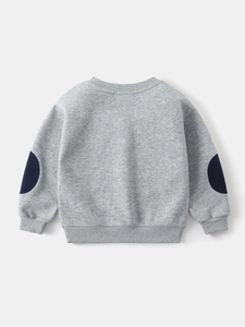 Front view of grey crewneck boys sweatshirt with navy elbow patches and ribbed cuffs