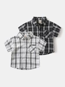 Boys Casual Short Sleeve Plaid Shirt Kids Summer Lapel Button Down Check Shirt With Pocket Polyester Cotton Blend Top