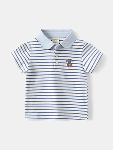 Boys' blue and white striped cotton polo shirt with cute lucky bear embroidery detail