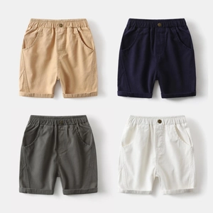 Detail of four boys cotton shorts in khaki navy grey and white colors with elastic waist