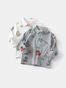 Toddler Boys Long Sleeve Polo Shirt All-over Cartoon Dinosaur Print Cotton Blend Lapel Casual Top Kids Fashion Clothes