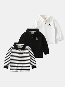 Toddler Boys Girls Long Sleeve Polo Shirt Cotton Blend Embroidered Dinosaur Top Casual Lapel Striped Kids Bottoming Shirt
