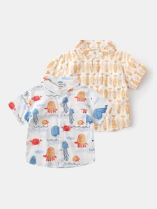 Boys Short Sleeve Cotton Shirt Cartoon Sea Animal Fish Bone All Over Print Summer V Neck Casual Toddler Baby Clothing Top