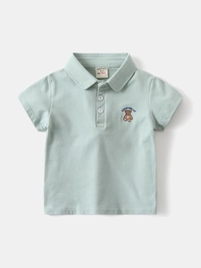Mint green short sleeve polo shirt for boys with lucky bear embroidery detail