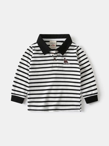 Classic striped long-sleeve cotton polo shirt for boys with a small dinosaur embroidery