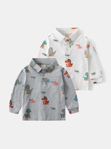 Boys long sleeve dinosaur print polo shirts set in white and dark grey colors