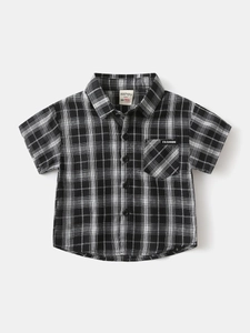 Classic black and white checkered cotton short sleeve button-down shirt for young boys