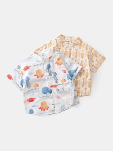 Two-pack boys' V-neck short sleeve shirts featuring ocean life and fishbone prints