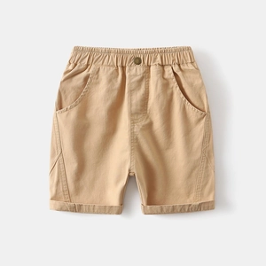Close-up of boys' khaki cotton shorts with elastic waist and metal button detail