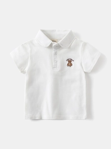 Toddler boys white short sleeve polo shirt with Lucky Bear embroidery and classic collar