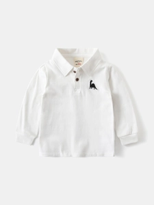 White cotton long-sleeve polo shirt for boys with a small black dinosaur embroidery