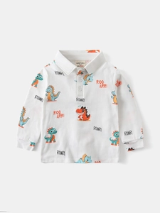 Boys long sleeve polo shirt with colorful cartoon dinosaur prints and ribbed collar