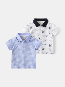 Boys Cotton Short Sleeve Polo Shirt All Over Cartoon Bear Crocodile Print Contrast Lapel Summer Casual Breathable Top