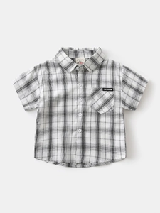 Classic black and white plaid short sleeve cotton shirt for boys with front chest pocket