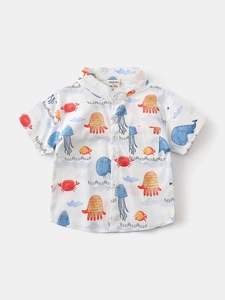Boys short sleeve shirt with colorful ocean life prints like octopus and whale motifs