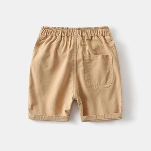Rear view of khaki cotton boys shorts with elastic waist, back pocket and cuffed hems
