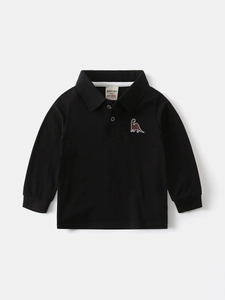 Classic black long-sleeve cotton polo shirt for boys with small dinosaur embroidery