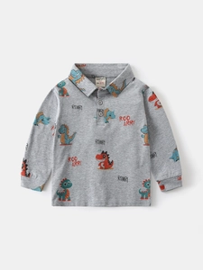 Boys long sleeve polo shirt with colorful all-over cartoon dinosaur prints in light grey