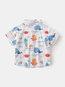 Boys' summer short sleeve V-neck shirt with colorful ocean cartoon prints on white cotton