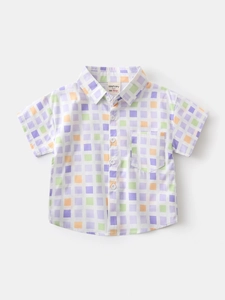 Boys short sleeve beach shirt with vibrant colorful checkered pattern and front pocket