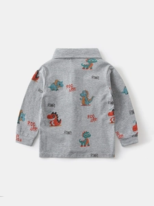 Grey long-sleeve boys' polo shirt featuring colorful all-over cartoon dinosaur prints