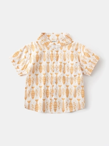 Boys short sleeve shirt with orange fishbone print and classic button-down collar
