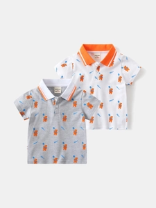 Polo da Ragazzo in Cotone Piquet Estiva con Stampa Orso Cartone Animato Manica Corta Traspirante Casual per Bambini