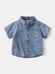 Boys Denim Shirt Cotton Casual Toddler Short Sleeve Button Down Top Washed Jeans Shirt With Bear Embroidery For Children