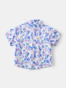 Back view of boys summer short sleeve shirt with abstract digital watercolor print