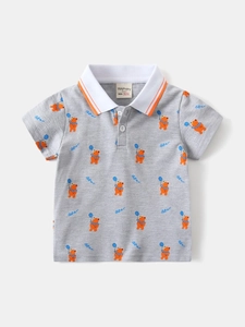 Polo grigia da bambino con stampe di orsetti e colletto bianco a righe per l'estate