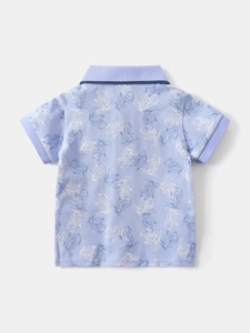 Boys short sleeve polo shirt featuring light blue cotton with all-over cartoon bear print