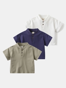 Polo Décontracté à Manches Courtes pour Garçon en Mélange de Coton Couleur Unie Col Henley Top Enfant Respirant