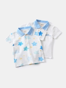 Kids short sleeve polo shirts set with star patterns and stylish contrast collar
