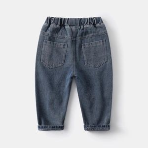 Detail of vintage washed denim jeans with elastic waist and dual back square pockets