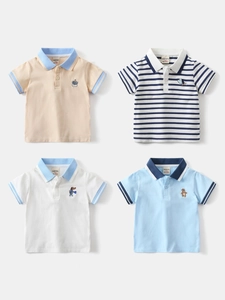 Boys Casual Cotton Blend Short Sleeve Polo Shirt Cartoon Animal Embroidery Academy Style Lapel Top For Toddler Kids Summer