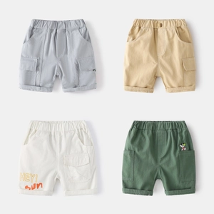 Detail view of boys' cargo shorts in four colors with elastic waist and large side pockets