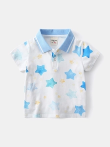 Toddler boys white cotton polo shirt with yellow and blue stars and ribbed collar