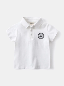 Classic white short sleeve boys polo shirt with embroidered crest and buttoned collar